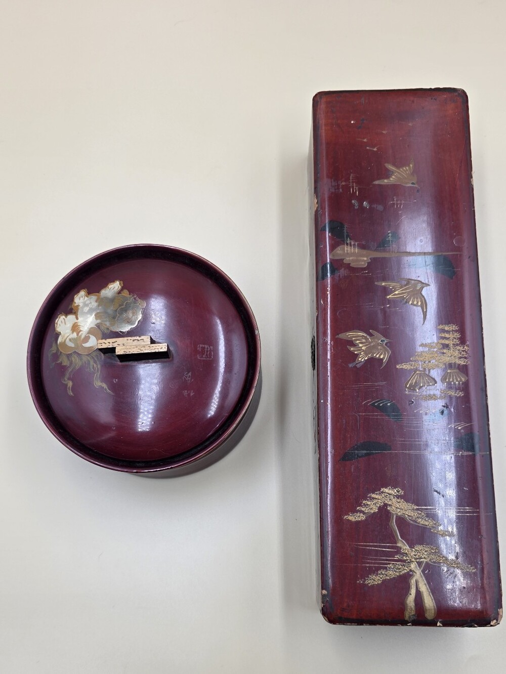Antique Japanese red lacquer fubako (document box) and kashiki